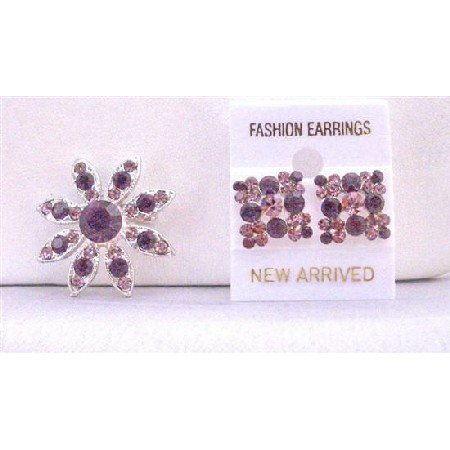 B269 Beautiful Round Amethyst Brooch w/ Flower Light Dark Amethyst Crystals Pin Brooch Earrings
