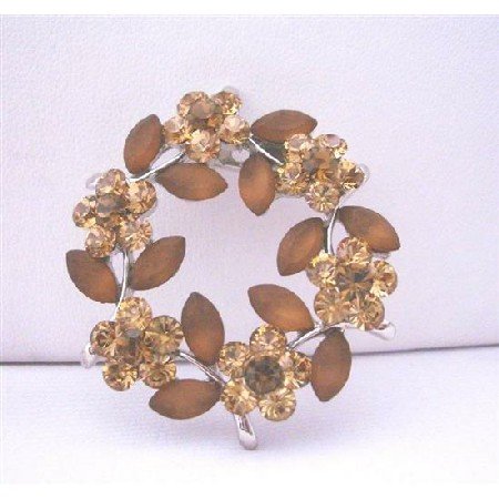 B081 Topaz Brown Round Brooch w/ Brown Enamel Flower Crystals Brooch Pin