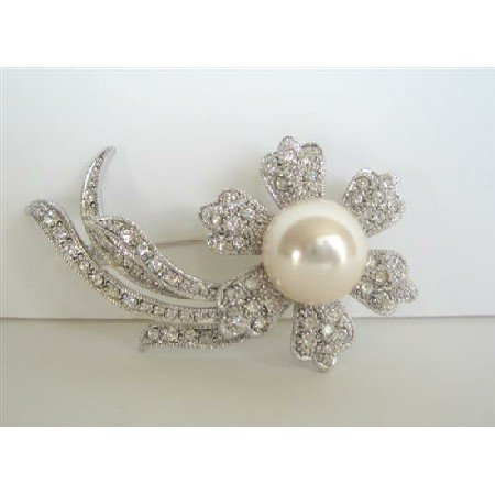 B054 Single Stud Sunflower w/ Long Leaf FLOWER PIN BROOCH Embedded w/ CZ