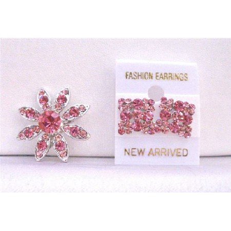 B296 Rose Pink Crystals Round Brooch With Matching Earrings New Combo