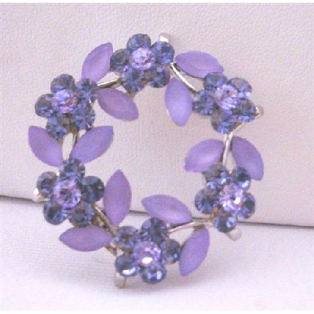 B126 Sapphire Crystals Flower Brooch Round Flower Silver Casting Brooch
