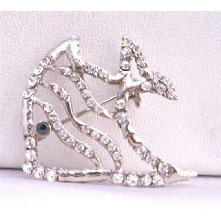 B203 Silver Fish Brooch Fully Decorated w/ Cubic Zircon & Black Eye