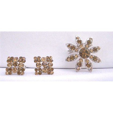 B306 Smoked Brown Crystals Round Brooch Silver Casting Brooch w/ Fabulous Matching Earrings