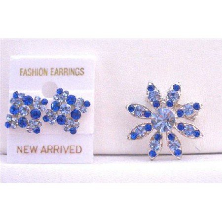 B303 Sapphire Crystals Round Brooch And Earrings Perfect For Dress/Ear Matching New Combo
