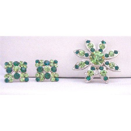 B298 Peridot Emerald Green Crystals Round Brooch WIth Matching Earrings New Combo