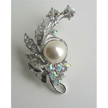 B116 AB Crystals Brooch/Pin w/ Pearls & Cubic Zircon Decorated Brooch