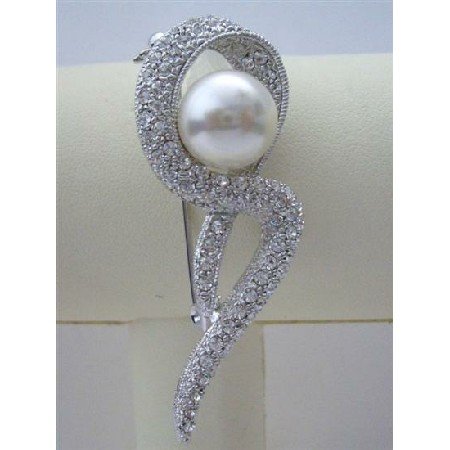 B066 Dress Brooch Pearls Stud BROOCH SILVER TONE JEWELRy & Embedded w/ CZ