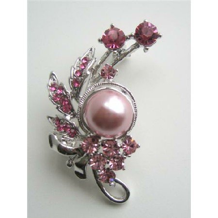 B118 Rose Pink Crystals Brooch/Pin w/ Pink Pearls & Pink Cubic Zircon Decorated Brooch
