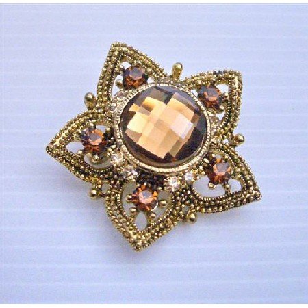 B157 Flower Brooch In Copper Dainty & Sleek Smoked Topaz Crystals Embedded