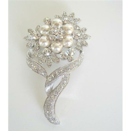 B060 Pearls Flower Bouquet Brooch Pin w/ Cubic Zircon Bud Decorated Brooch