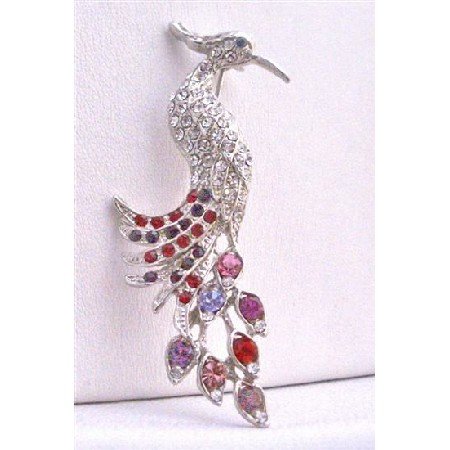 B223 Silver Casting Peacock Brooch Peacock Feather Decorated w/ Mulitcolor Rhinestones