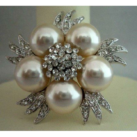 B024 Bridal Simulated Diamond Crystals Pearls Brooch Pin Vintage Brooch