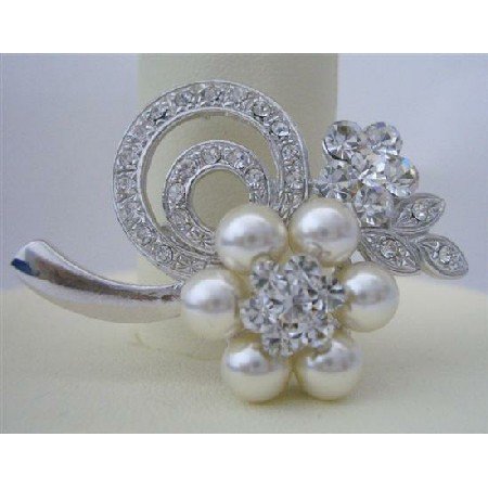 B067 Pearls Flower Brooch Pin Bridemaides Brooch Pin Pearls & Cubic Zircon