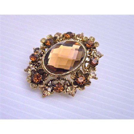 B161 Copper Brooch Made w/ Small Flowers Sparkling Smoked Topaz Crystals Embedded