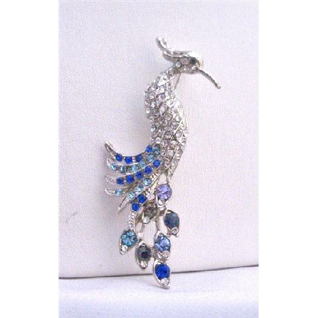B224 Sapphire Rhinestone Brooch Silver Casting Peacock w/ Lite & Dark Spahire Rhinestone Brooch