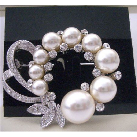 B064 Bridal Pearls Brooch Pin w/ Cubic Zircon Decorated Spread Brooch Pin