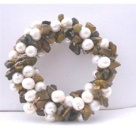 B113 Handcrafted Freshwater Pearls Brooch Pin w/ Tiger Eye Nugget Chip Stone Wedding Brooch