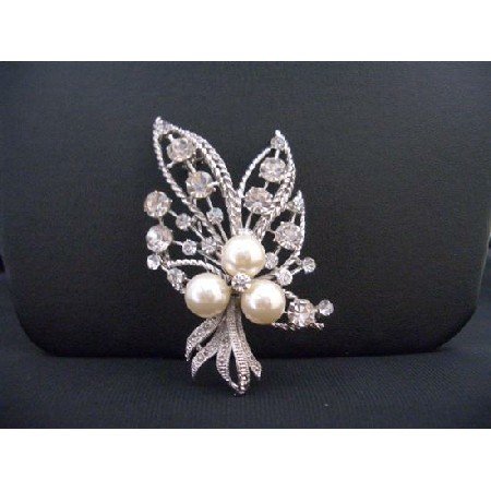 B266 Silver Casting Bouquet Brooch With Ivory Pearls & Shimmering Sparkling Simulated Diamond