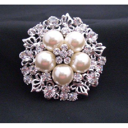 B169 Bridal Brooch Ivory Pearls w/ Cubic Zircon Nest Style Brooch w/ Sparkling Simulated Diamond