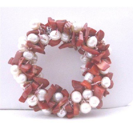B115 Handcrafted Freshwater Pearls Brooch Pin w/ Coral Nugget Chip Stone Bridal Brooch