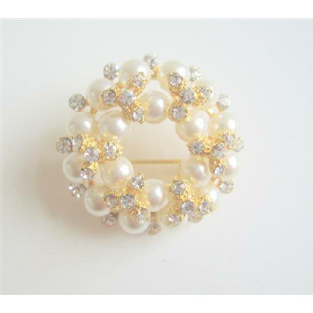 B016 Multi Pearls Round Gold Brooch w/ Sparkling Diamond Cz Gold Plated Brooch Jewelry