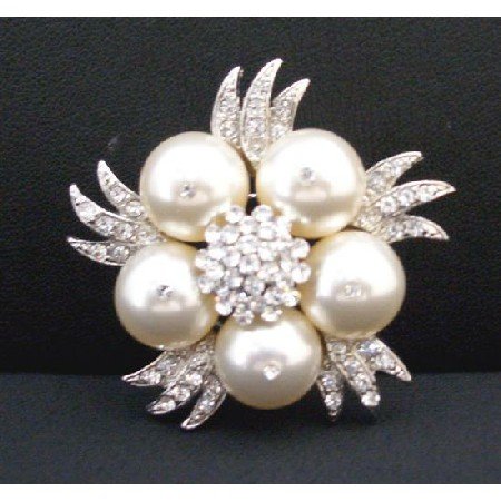 B304 Swarovski Ivory Pearls Brooch Genuine Swarovski Pearls Wedding Brooch w/Simulated Diamond