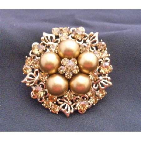 B170 Gold Bridal Wedding Brooch Gold Pearls w/ Golden Shadow Cubic Zircon Nest Style Brooch