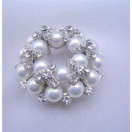 B036 Vintage Pearls Brooch Pin w/ Cubic Zircon Bud Decorated Brooch