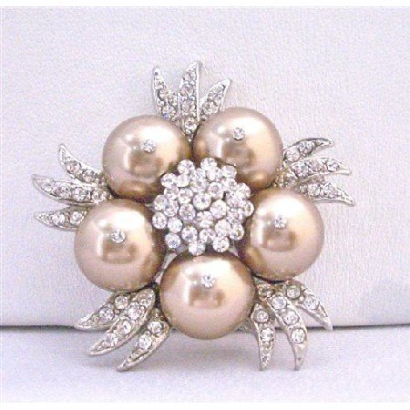 B294 Bronze Swarovski Pearls w/ Sparkling Diamond Cubic Zircon Bridal Brooch