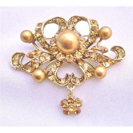 B263 Vintage Ethnic Copper Brooch w/ Flower Dangling Antique Gold Brooch Designed Brooch