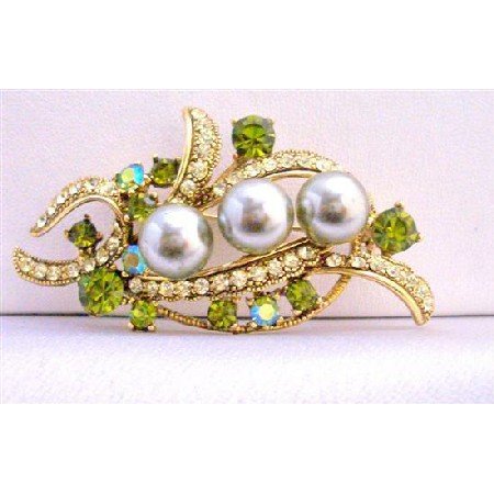 B260 Olivine Crystals Brooch Pearls & Crystals Brooch Dress Brooch 2 1/4 Inches Long