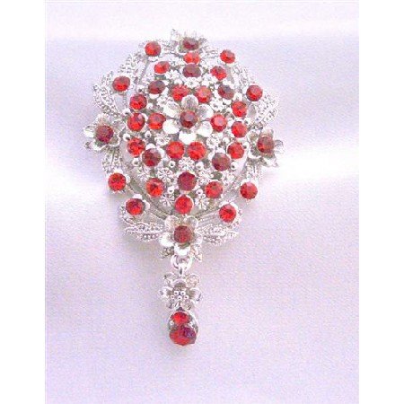 B222 Siam Red Crystals Brooch Bridal Brooch Gorgeous Silver Casting Brooch