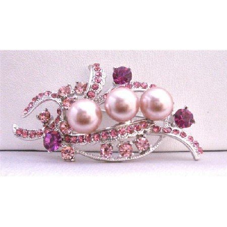 B258 Rose Pearls Brooch w/ Rose Crystals Brooch Silver Brooch Bridal Brooch 2 1/4 Inches Long