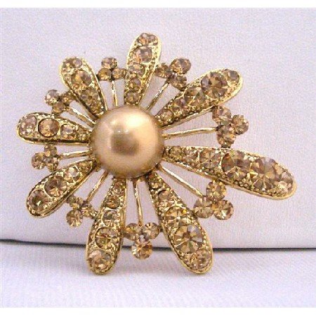 B284 Bronze Smoked Topaz Topaz Encrusted Brooch Adorable Gold Fan Flower Petals Brooch