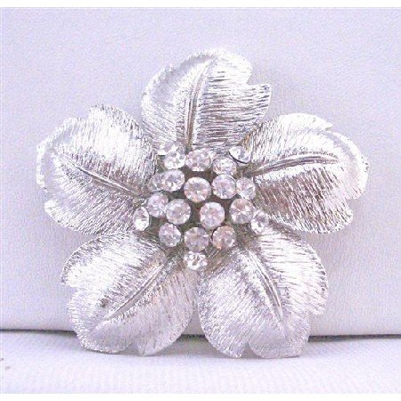 B283 Beautiful Flower Petals In Silver Wedding Brooch Very Classy Gorgeous w/ Rhinestones