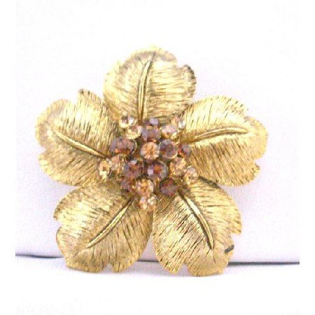 B282 Adorable Gold Flower Petals Bridal Brooch w/ Smoked Topaz & Topaz Rhinestones