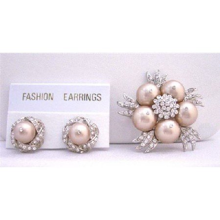 B319 Champagne Pearls Brooch Earrings NEW COMBO Wedding Jewelry With Diamond
