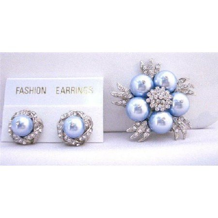 B317 Fabulous Matching Blue Brooch & Earrings Genuine Swarovski Blue Pearls w/ Diamond Surrounded