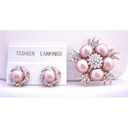 B314 Pearls Diamond Brooch Earrings NEW Combo Wedding Jewelry