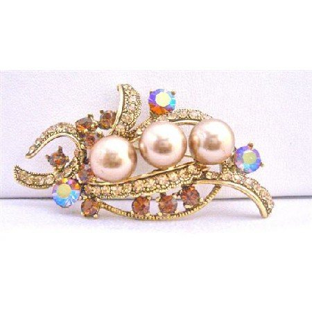 B179 Champagne Pearls w/ Smoked Topaz Crystals Brooch Antique Gold Bouquet Bridal Brooch