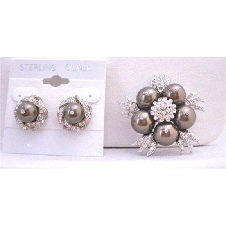 B292 Brown Stud Earrings w/ Swarovski Darkest Brown Pearls Brooch Chocolate Brown Pearls
