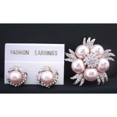 B320 Gorgeous Rose Swarovski Pearls Brooch w/ Matching Earrings w/ Diamond Surrounded