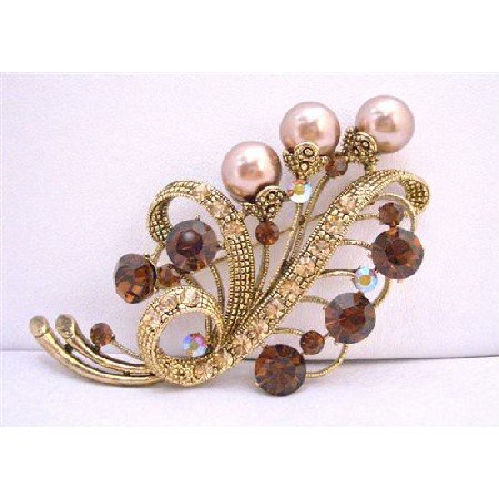 B181 Bridal Bridemaides Brooch Smoked Topaz w/ Champagne Pearls Antique Gold 3 Inches Long