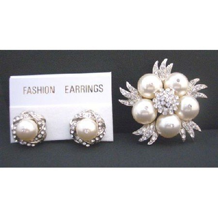 B299 Swarovski Ivory Pearls Brooch & Matching Earrings w/ Sparkling DiamondCubic Zircon