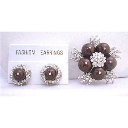 B318 Meroon Pearls Cubic Zircon Gorgeous Fabulous Swarovski Pearls Brooch w/ Matching Earrings