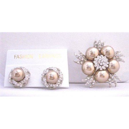 B297 Bronze Swarovski Pearls Stud w/ Bronze Pearls Brooch Decorated With Diamond