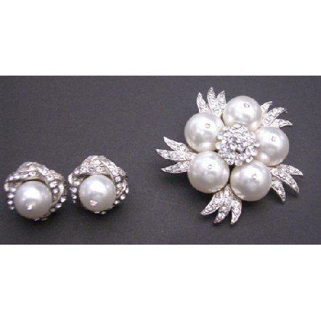 B321 Pure White Pearls Brooch Matching Classy Pearls Stud Earrings Diamante Brooch & Earrings