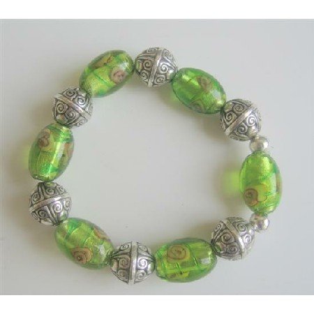 TB542 Ethnic Bali Silver w/ Hand Painted Millefiori Stretchable Braclet