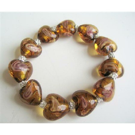 TB552 Stretchable Bracelet Millefiori Brown Heart Beaded w/ Bali Silver Spacer Bracelet