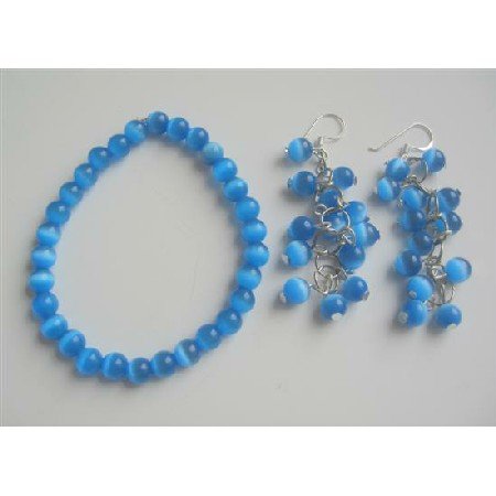TB537 Dark Blue Glass Cats Eye Stone Bead Beaded Dangling Earrings Earrings Stretchable Bracelet